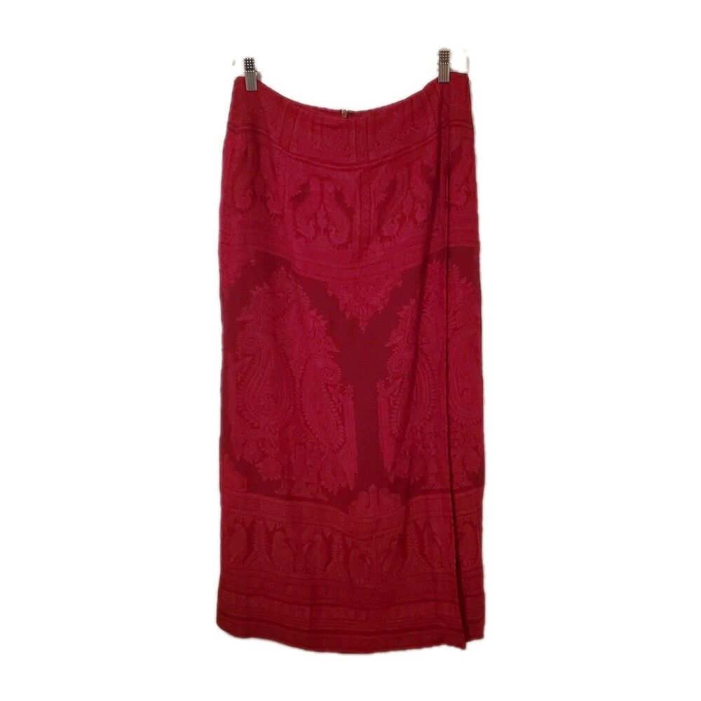 Talbots 100% Silk Jacquard Skirt Red Peacock Paisley Faux Wrap Midi Women 12